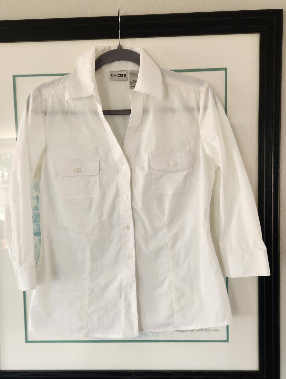 Chico's Blouse Dress Shirt Top White Button Down 3/4 Sleeve Summer Crisp Cotton